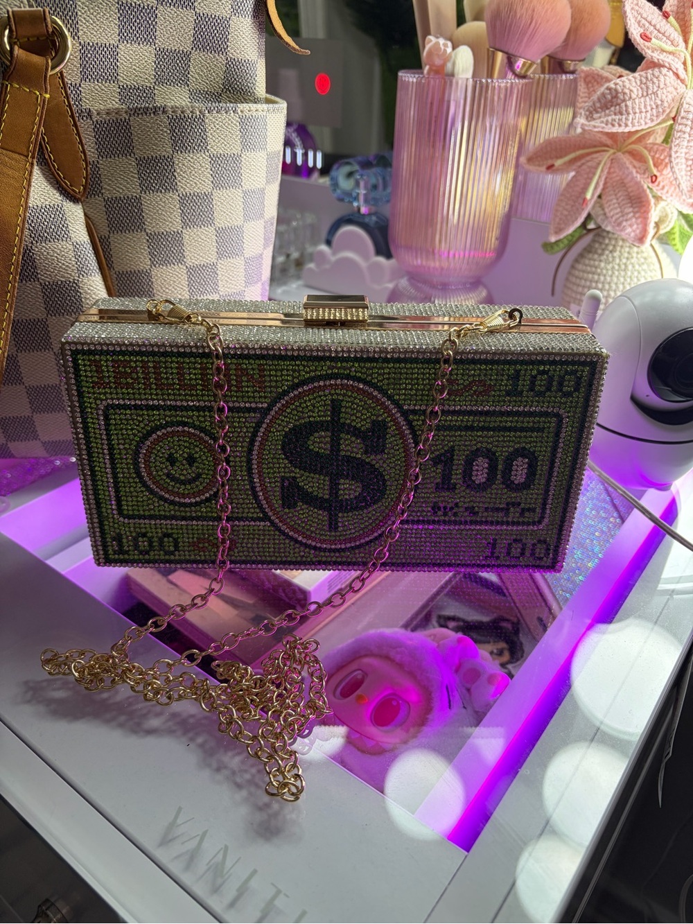 Icing Green Crystal Dollar Clutch with Gold Chain